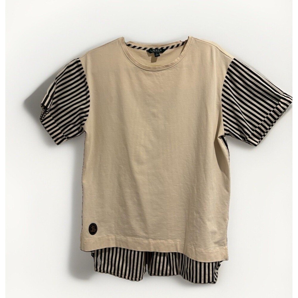 Lauren Ralph Lauren Womens Cotton Tunic Sz 1X Cream Color Top W/ Black Strips